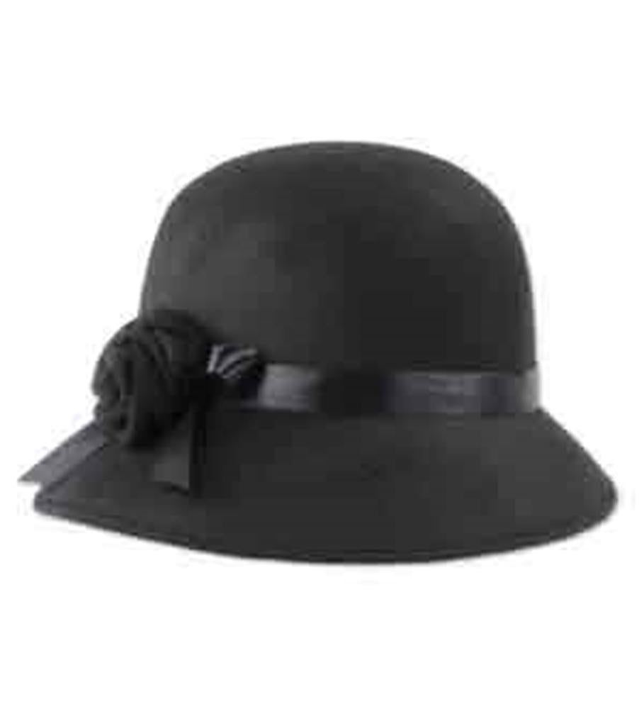 Black felt cloche hat with rounded crown, slightly flared brim, and satin ribbon band accented by a fabric flower on the.