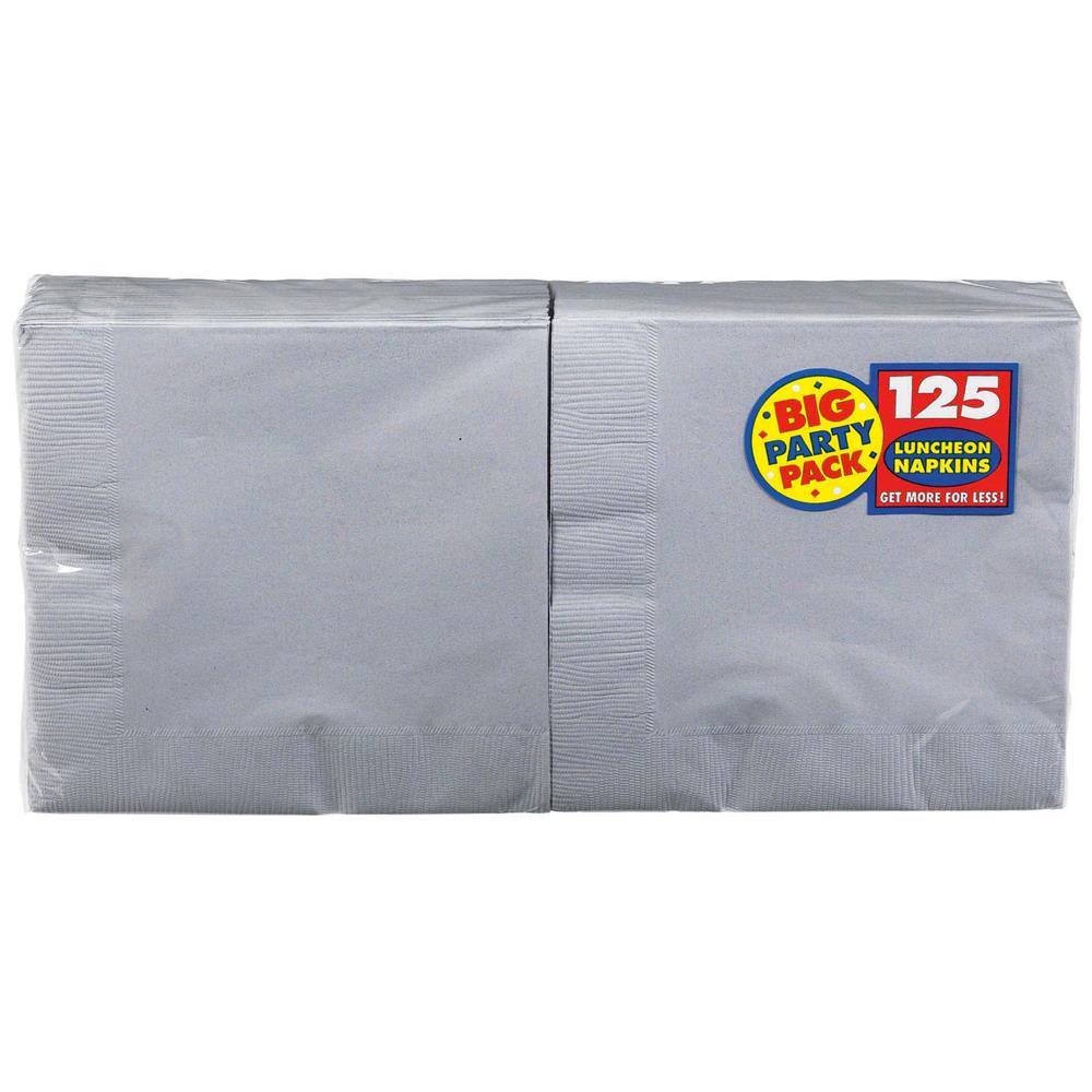 Package of 125 silver-colored disposable paper napkins with "Big Party Pack" label.