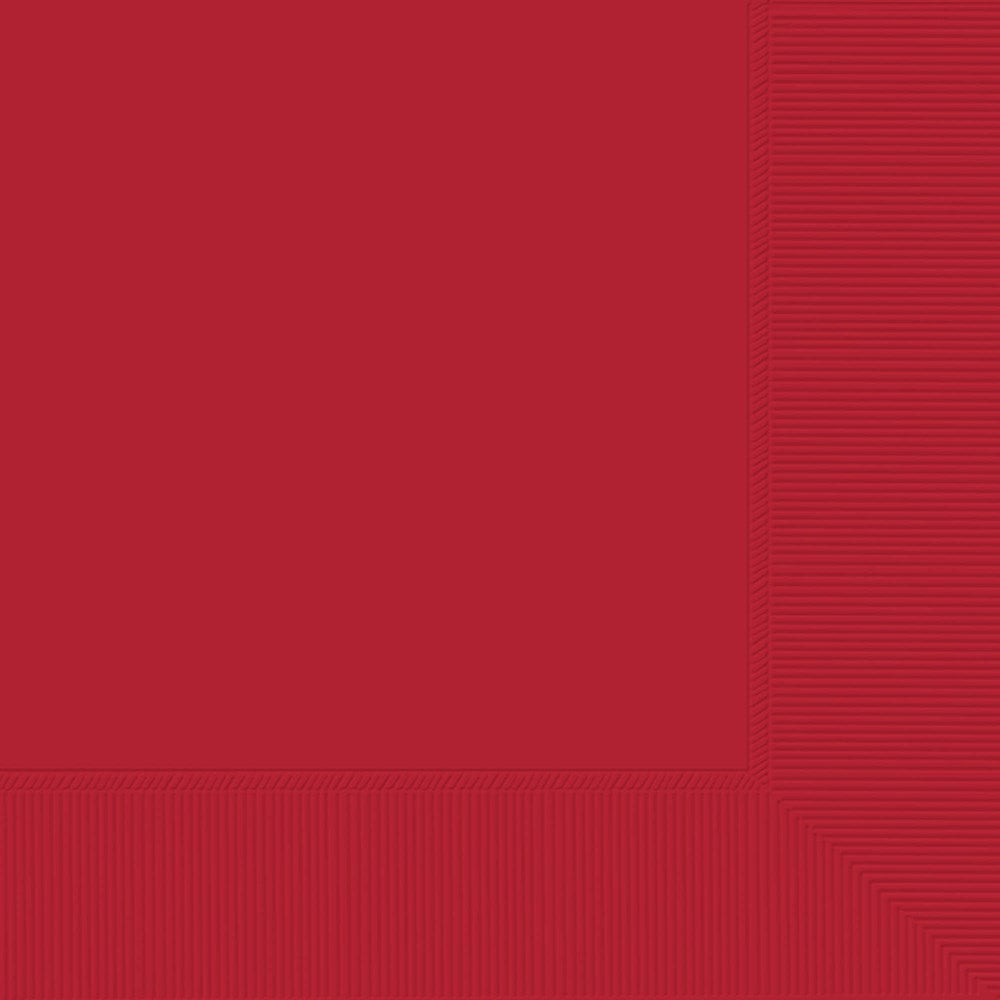 Stack of large apple red paper napkins with subtle embossed border texture.