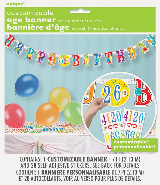Colorful Happy Birthday banner with multicolored letters and round number stickers for customization, shown with balloons.