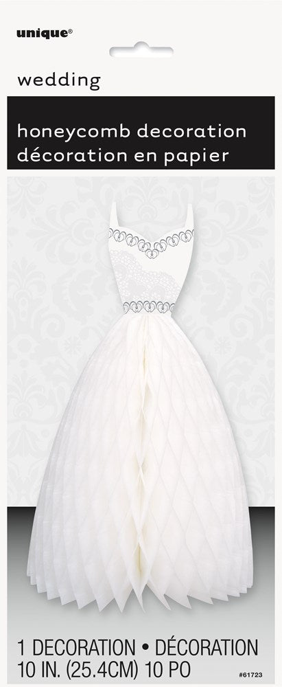 White paper honeycomb decoration shaped like a strapless ball gown wedding dress with a fitted bodice and full skirt.