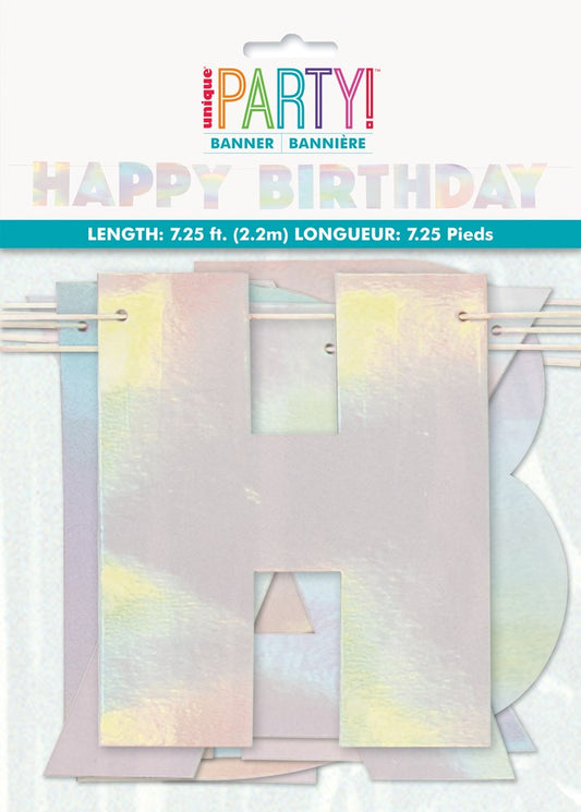 Iridescent foil Happy Birthday banner with large block letters, 7.25 ft length.