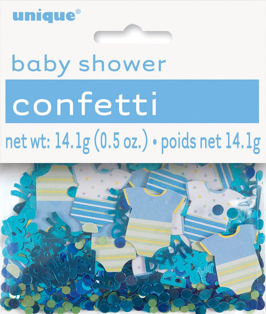 Blue round dot and baby onesie-shaped paper confetti in shades of blue and white, packaged in a clear 0.