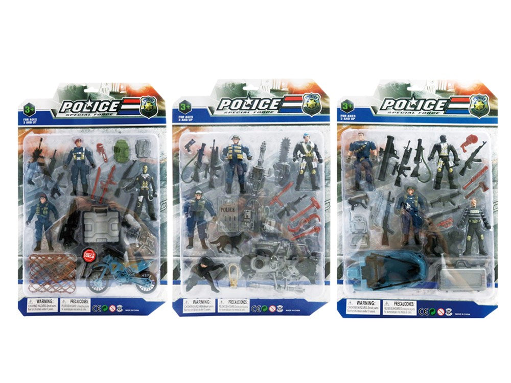 Three sets of plastic police action figures with accessories including handcuffs, guns, radios, and batons in clear plastic.