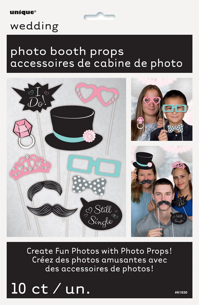 Set of 10 colorful wedding photo booth props including top hat, mustaches, glasses, lips, crown, hearts, and “Still Single”.