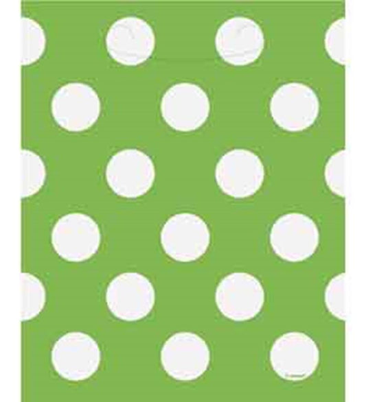 Lime green rectangular bag with evenly spaced large white polka dots.