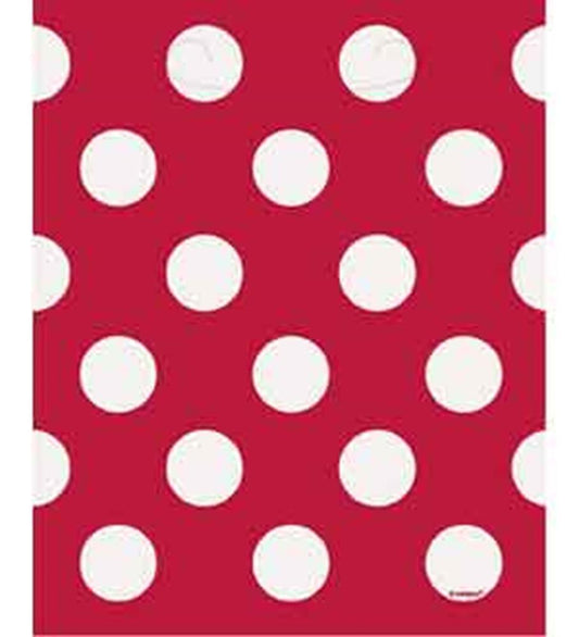 Red loot bag with large white polka dots, rectangular shape, glossy finish.