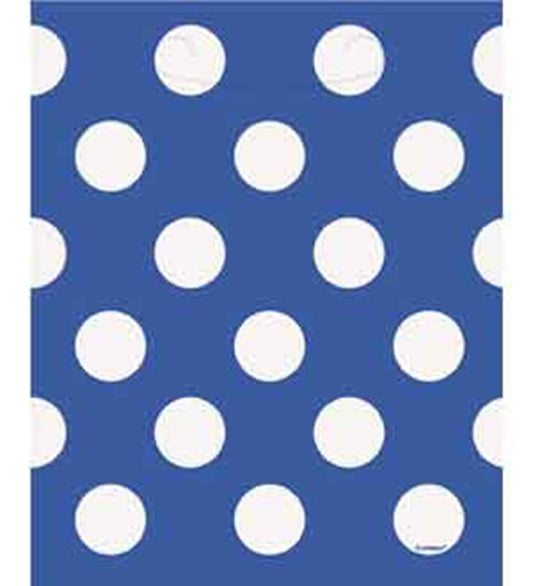 Royal blue party loot bag covered in evenly spaced large white polka dots.
