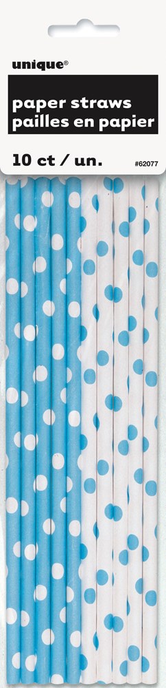Powder blue paper straws with white polka dots, pack of 10, eco-friendly disposable design.