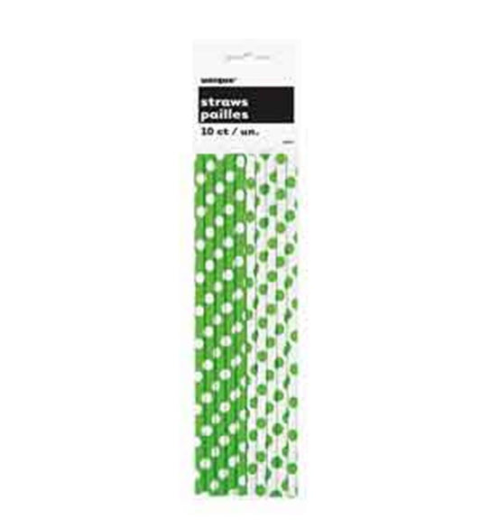 Pack of ten lime green paper straws with white polka dots in clear packaging.