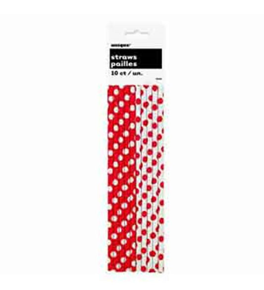 Pack of 10 red and white paper straws with large polka dots in two alternating patterns.