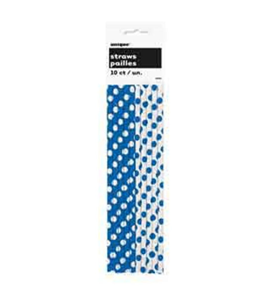 Set of ten royal blue paper straws with white polka dots in clear plastic packaging.