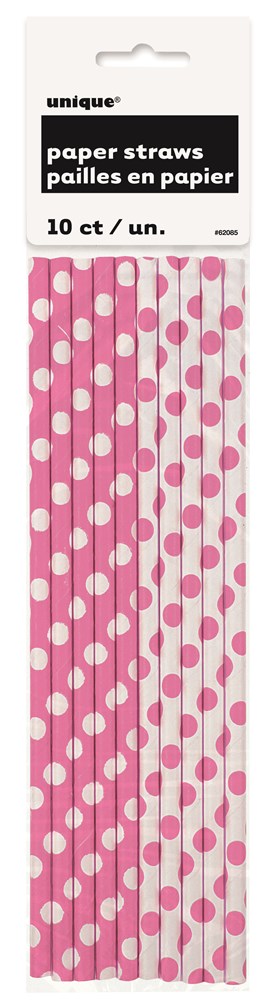 Pack of 10 pink paper straws with evenly spaced white polka dots.