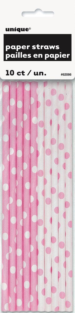 Set of ten pink paper straws with white polka dots, packaged in clear plastic sleeve with white label.
