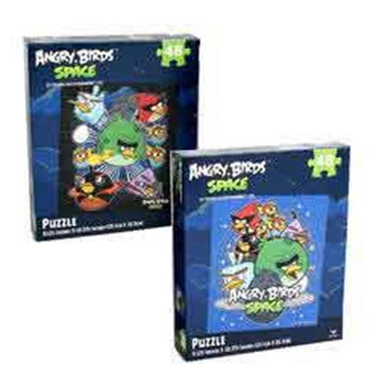 Two Angry Birds Space-themed 48-piece jigsaw puzzles, colorful cartoon characters on dark starry backgrounds, boxed sets.