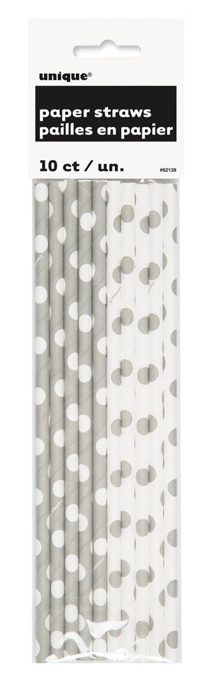 Unique Polka Dot Paper Party Straws 10ct - Silver