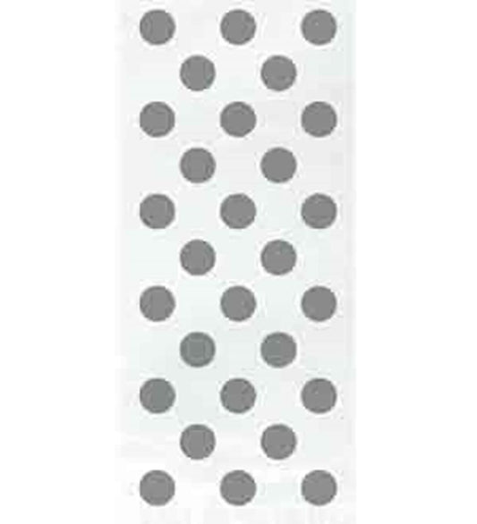 Clear cello bag with evenly spaced metallic silver polka dots in a vertical rectangular shape.
