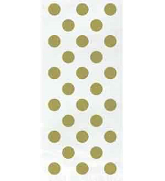 Clear cello bag with shiny gold polka dots arranged in vertical rows.