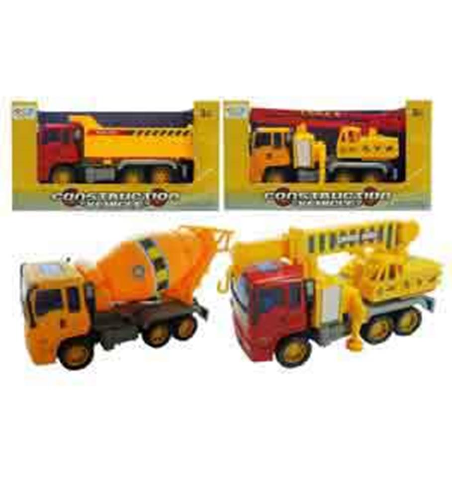Two 7-inch yellow and red toy construction vehicles, including a cement mixer and a crane, displayed in and outside yellow.
