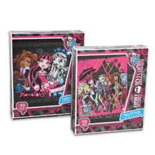 Two Monster High 100-piece puzzles in colorful boxes featuring gothic-style cartoon characters and vibrant pink and black.
