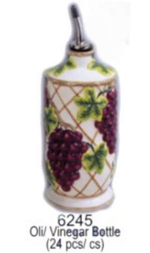 Ceramic olive oil bottle with painted purple grape clusters and green leaves, metal pour spout.