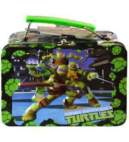 Rectangular metal lunchbox featuring Teenage Mutant Ninja Turtles in action with green turtle shell accents and a green.