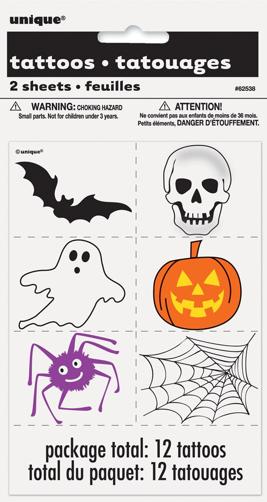 Two sheets of Halloween temporary tattoos featuring black bat, white skull, white ghost, orange jack-o'-lantern, purple.