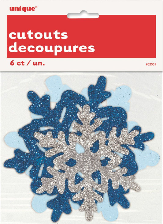 Six glittery snowflake cutouts in blue and silver, with varied intricate shapes, packaged in a clear pouch with red label.