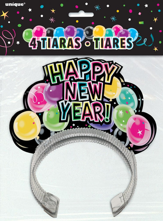 New Year's balloon-themed tiara with colorful balloons and "Happy New Year!" text on a silver headband.