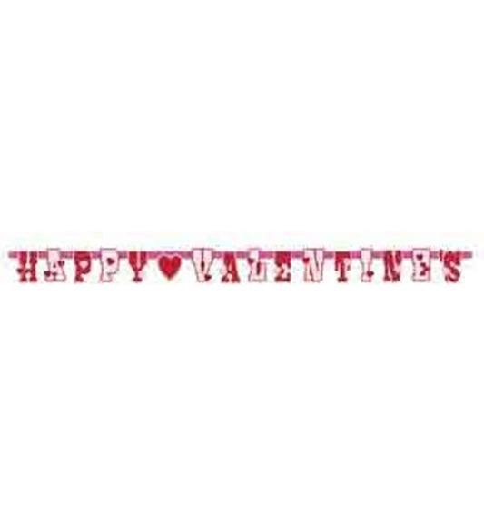 Red and white jointed banner spelling "Happy Valentines" with heart and polka dot accents.