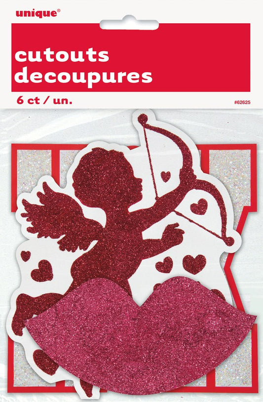 Red glittery Cupid cutout with bow and arrow and heart accents, set of six Valentine decorations.