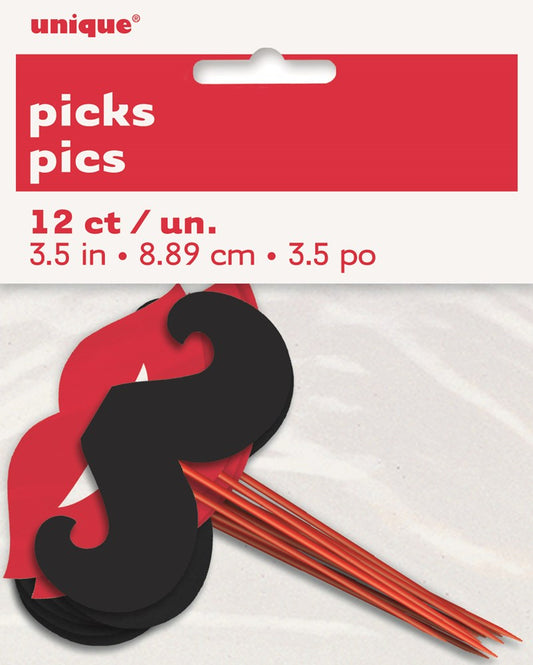 Black and red novelty mustache-shaped food picks, 3.5 inches, 12 count in clear packaging with red and white label.