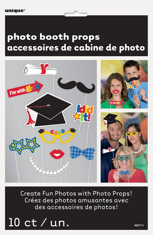 Set of 10 colorful graduation-themed photo booth props including glasses, graduation cap, lips, bow tie, and speech bubbles.
