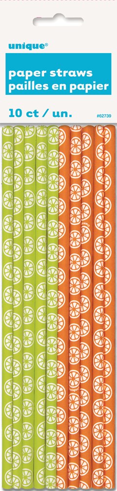 Set of 10 colorful paper straws with citrus fruit patterns in orange, green, and yellow colors.