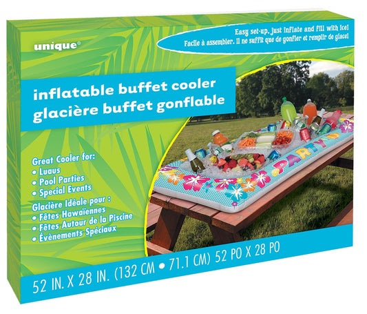 Rectangular inflatable buffet cooler with tropical floral and lei print, pink and blue colors, holds ice and drinks for.