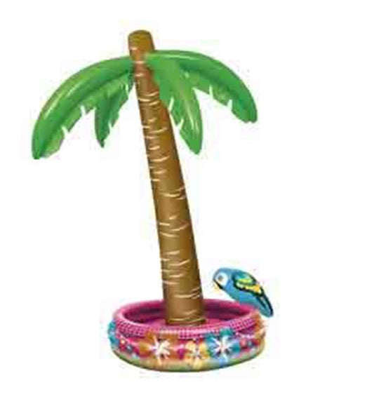 Inflatable cooler shaped like a palm tree with green leaves, brown trunk, colorful base decorated with flowers, and a blue.