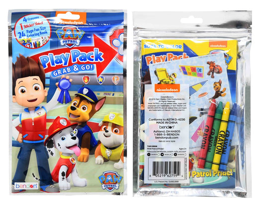 Paw Patrol-themed play pack with colorful crayons, activity sheets, and cartoon character images in a clear plastic bag.