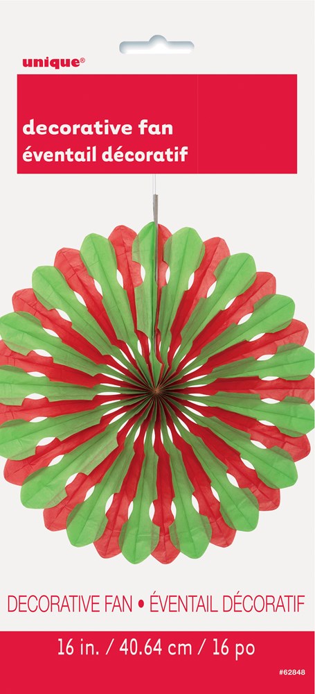 Red and green decorative paper fan with alternating scalloped sections and a wooden handle, 16 inches wide.