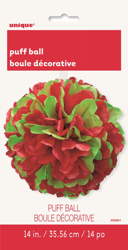 Red & Green Solid 14" Hanging Tissue Pom Pom