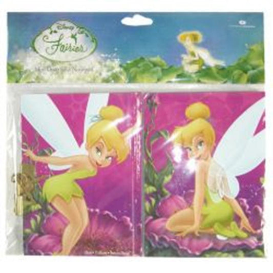Two small pink Tinkerbell-themed notebooks featuring colorful fairy illustrations on the covers.