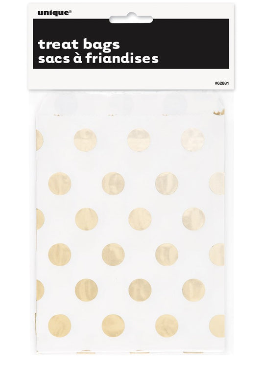 White treat bags with evenly spaced metallic gold polka dots, packaged in a clear sleeve with a black and white label.