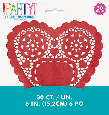 Valentines Day Red 6 inch Heart Doilies 30ct