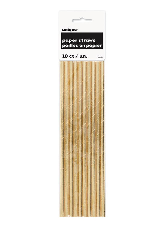 Pack of 10 gold foil striped paper straws in clear plastic packaging with white label.