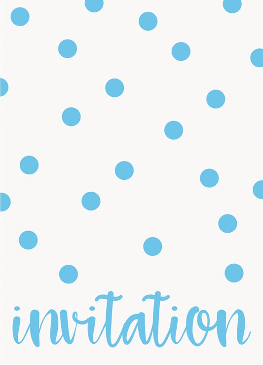 White card with powder blue polka dots and "invitation" in cursive powder blue text at the bottom.