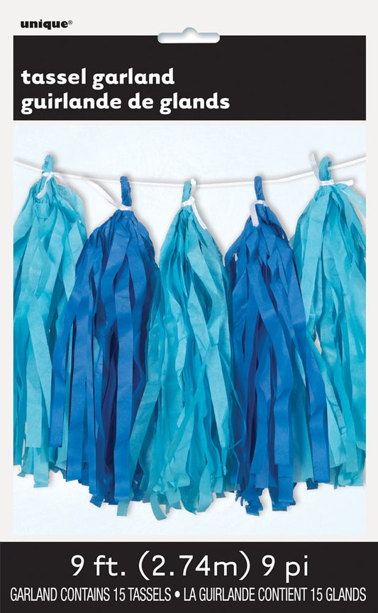 Light blue and turquoise tissue paper tassels hanging on a white string garland, 9 feet long.