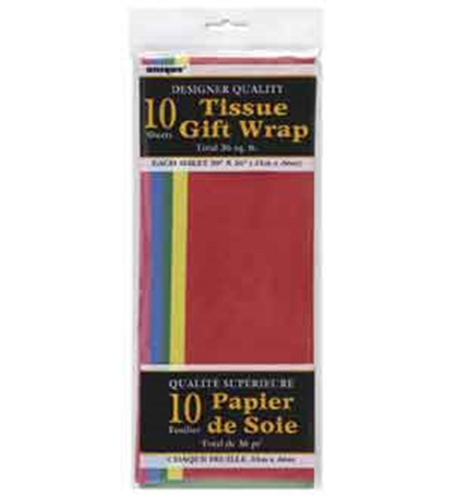 Pack of 10 assorted vibrant tissue paper sheets including red, blue, yellow, and purple in clear packaging with black and.
