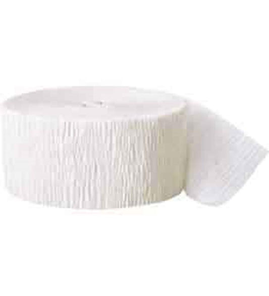 White crepe paper streamer roll with textured surface partially unrolled.