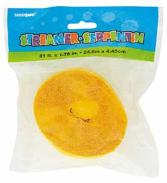 Bright yellow crepe paper streamer rolled into a compact circle in clear plastic packaging.