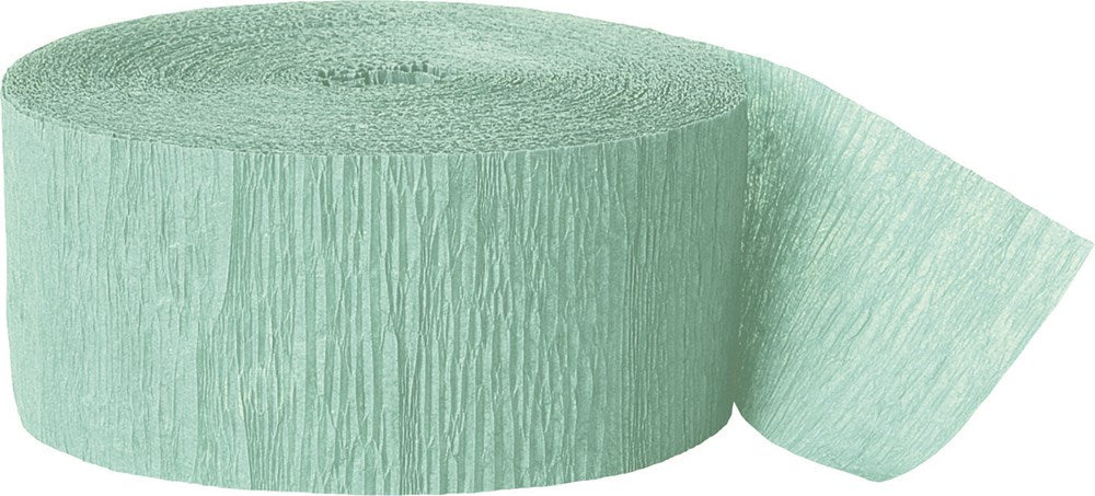Mint green crepe paper streamer roll with textured, crinkled surface, partially unrolled end.