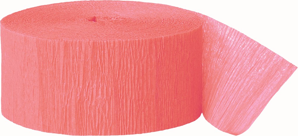 Coral pink crepe paper streamer roll with textured surface partially unrolled.